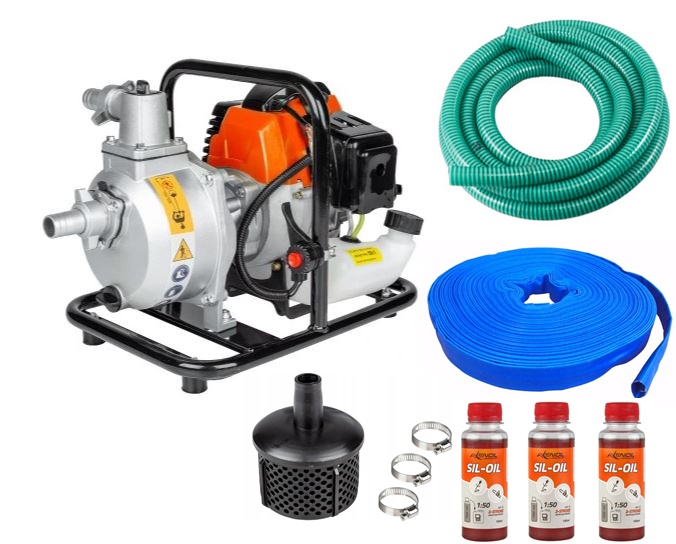 EUROCRAFT WP10 sada Benzínové motorové čerpadlo na vodu 1" 3,8kW PVC hadice olej příslušenství