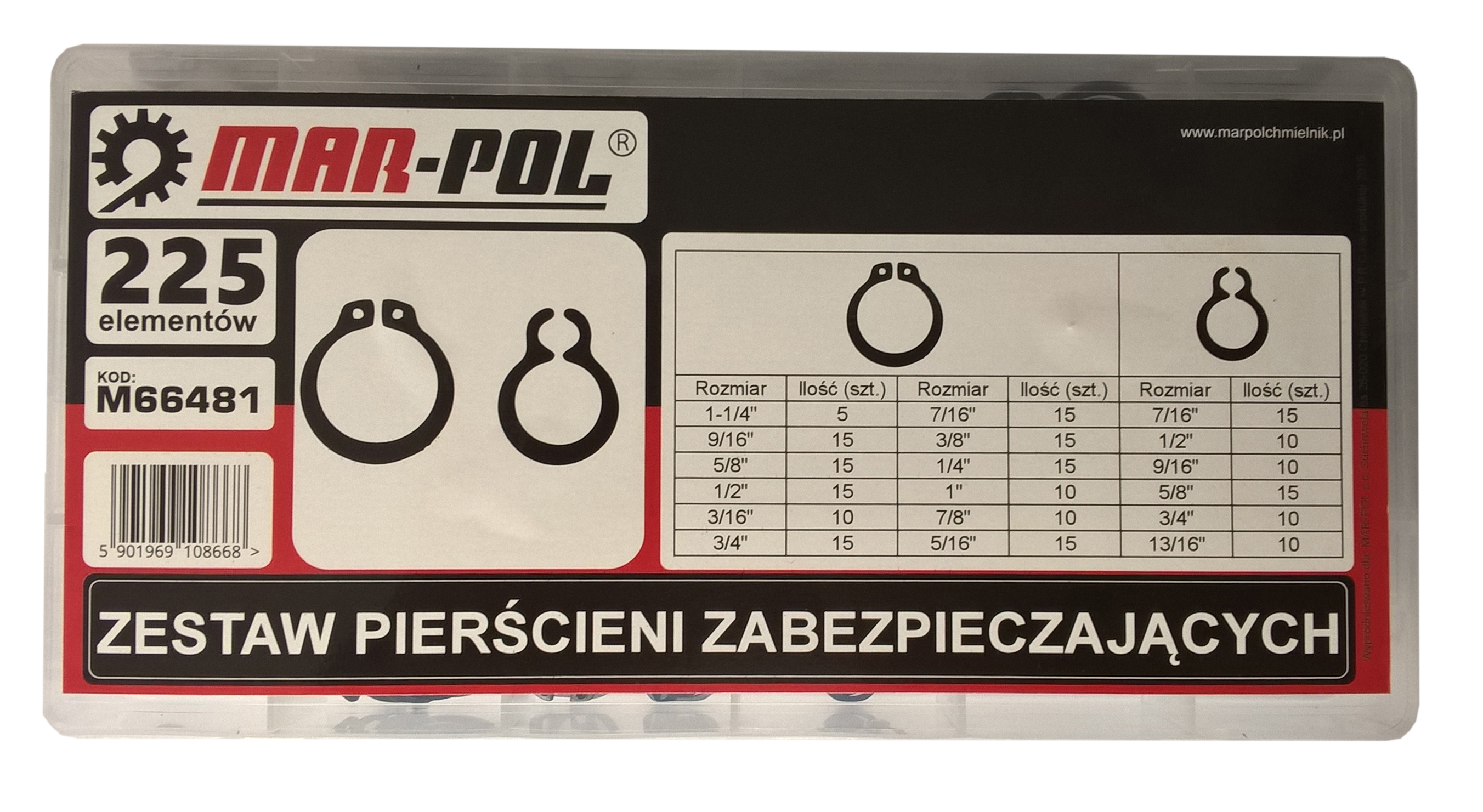 MAR-POL M66481 Sada - segerové pojistné kroužky, segerky, prsteny 225ks