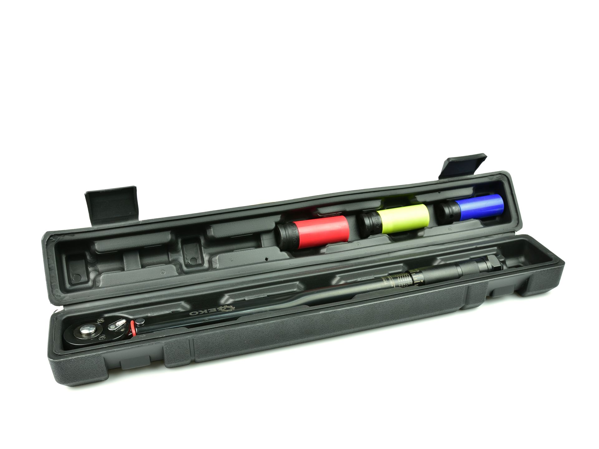 GEKO G10068 Momentový klíč 1/2" 28-210nm + 3 ks nástrčné klíče, černý