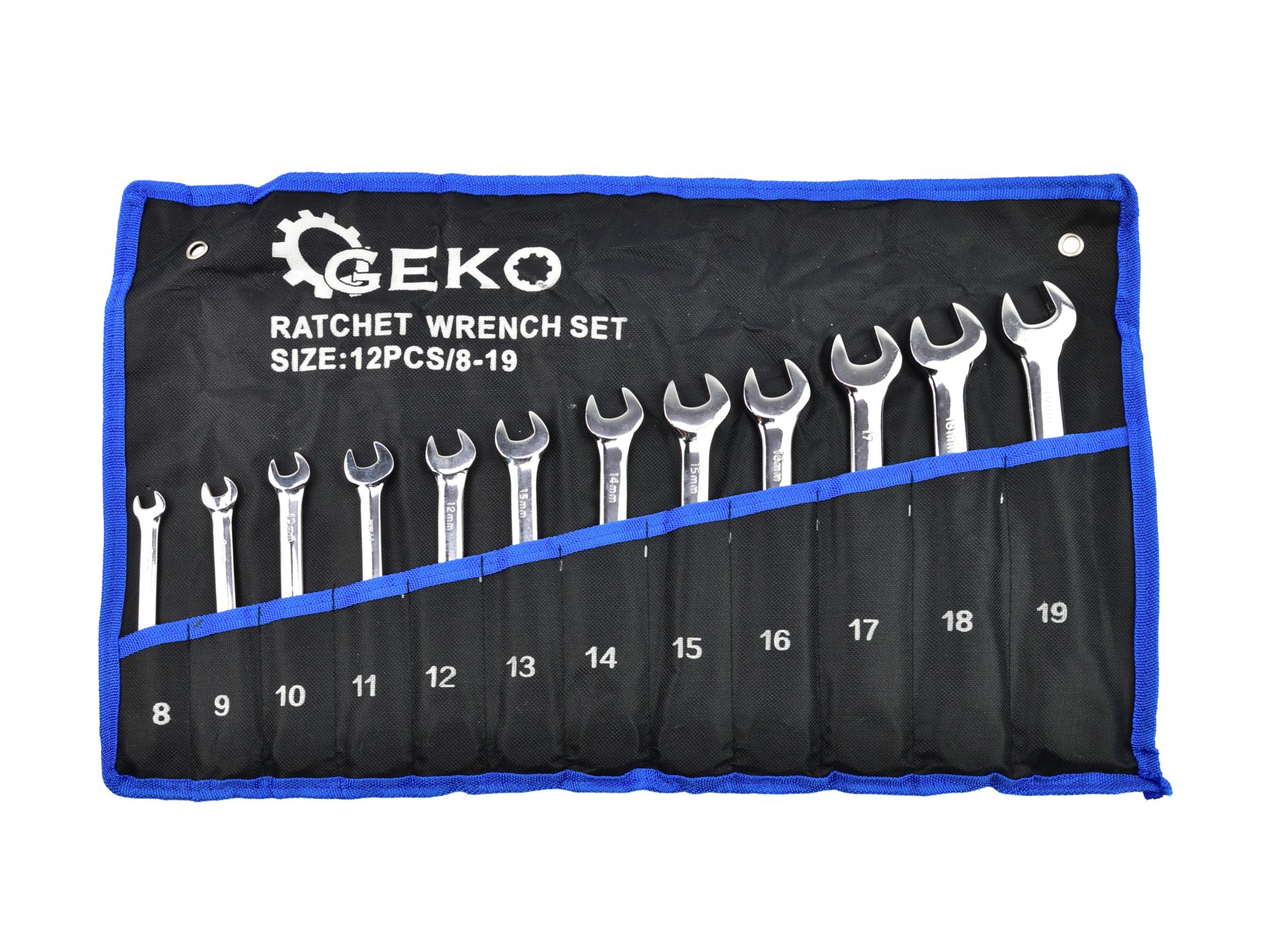 GEKO G10343 Sada klíčů s ráčnou očkové, vidlicové klíče 12ks 8-19 mm
