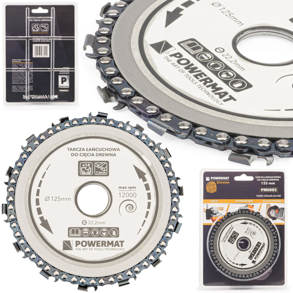 POWERMAT PM0893 Pílový řetězový kotouč na dřevo 125mm 22,2mm 14 zubů s řetězem