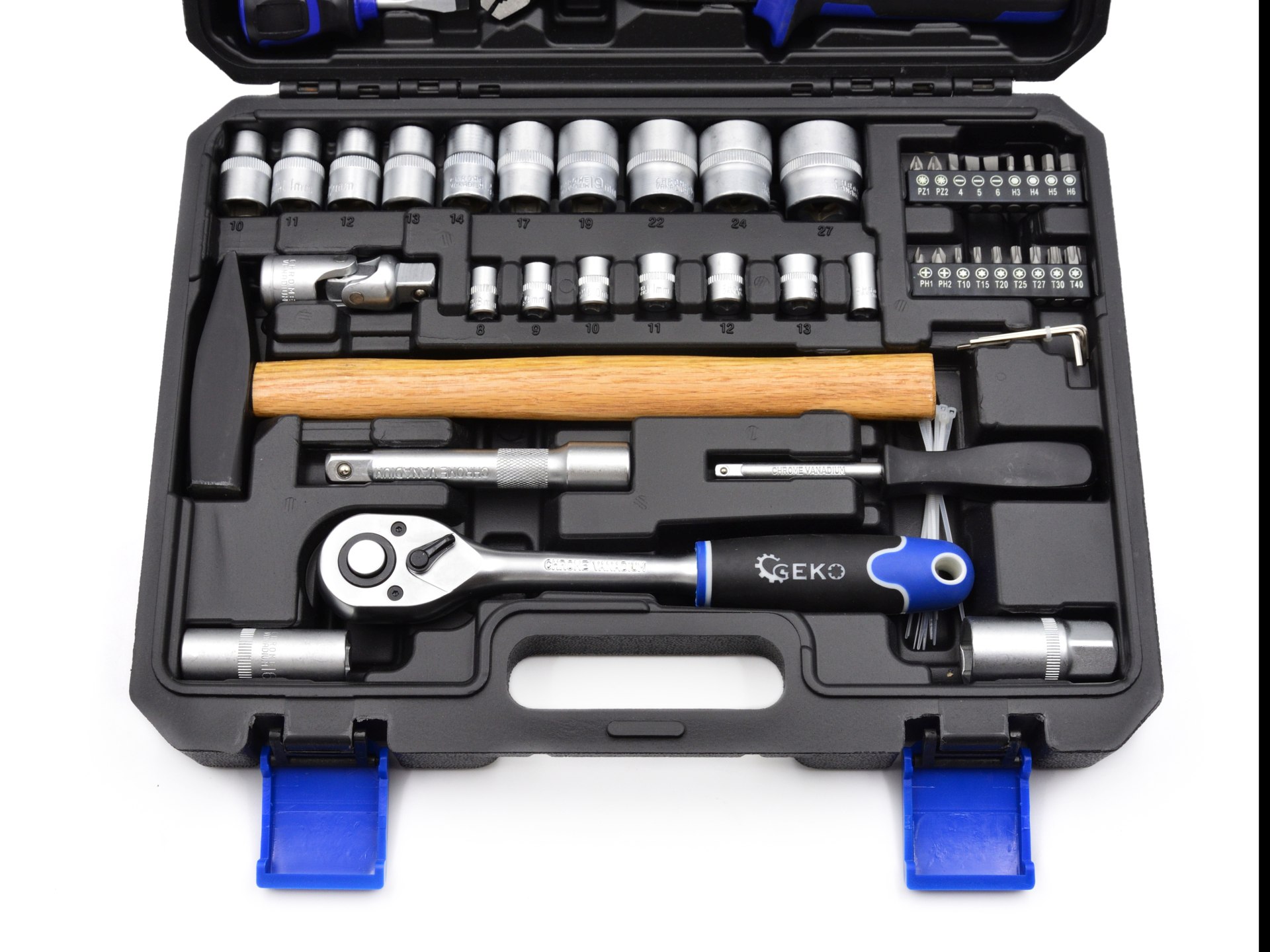 GEKO G10105 Sada nářadí 66ks 1/4" 1/2" klíče, nástrčné hlavice, bity, ráčna