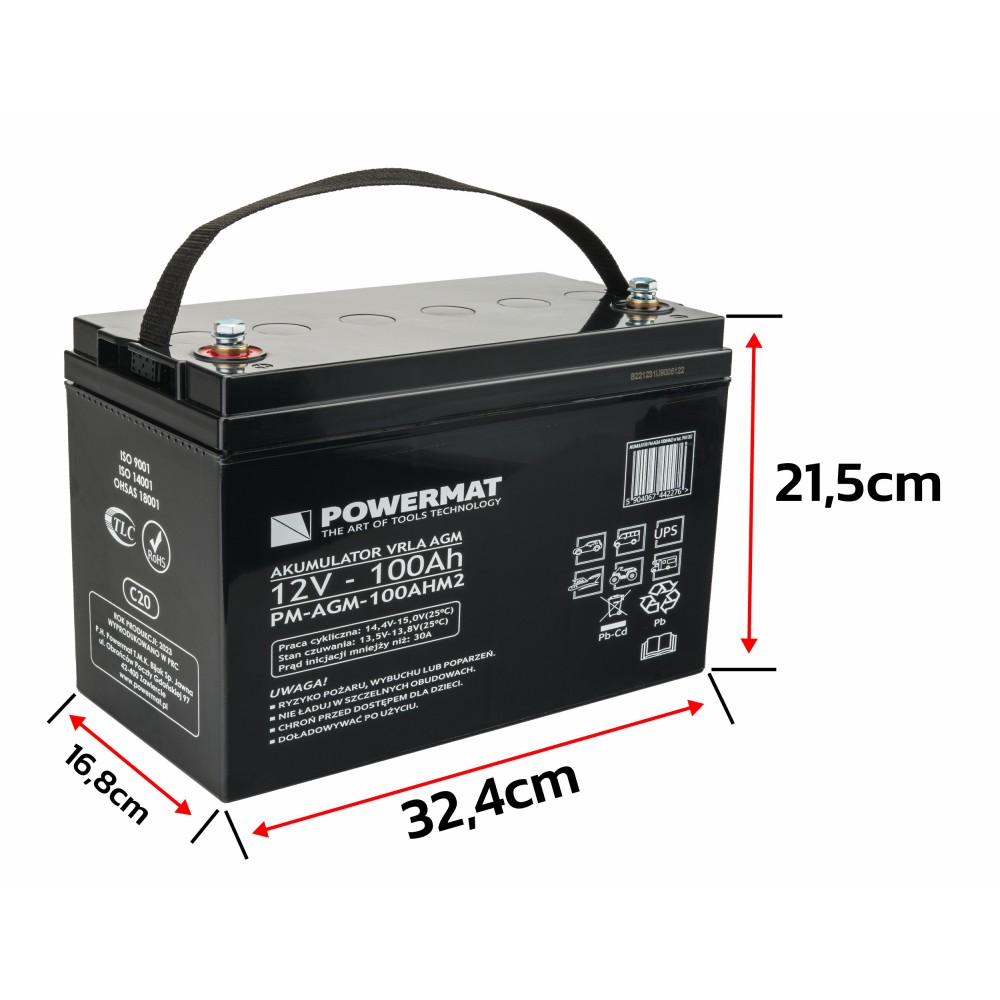 POWERMAT PM-AGM-100AHM2 Olověný akumulátor, baterie, nabíječka