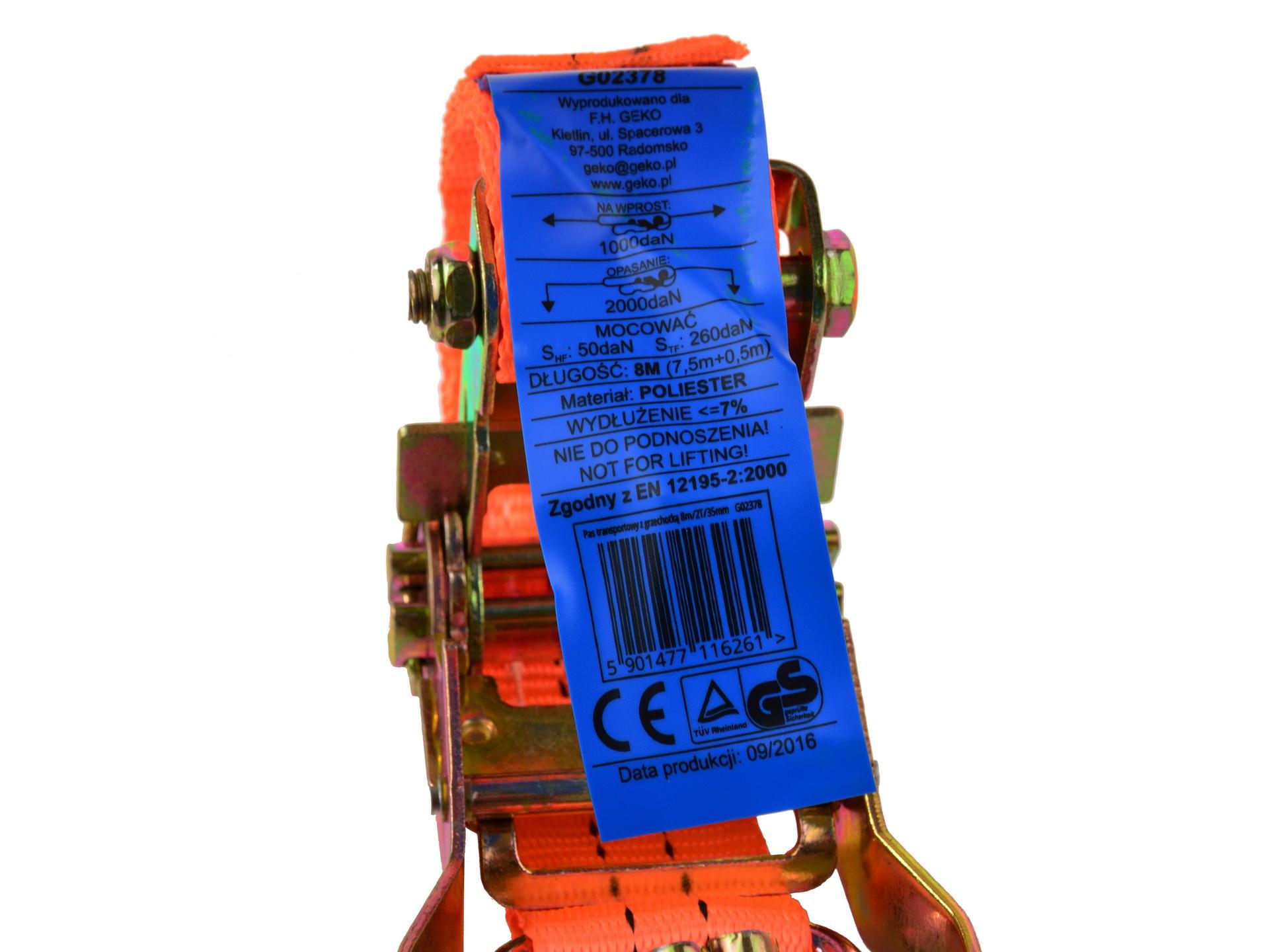 GEKO G02378 Upínací pás, popruh s ráčnou napínací 8m / 2T / 35mm
