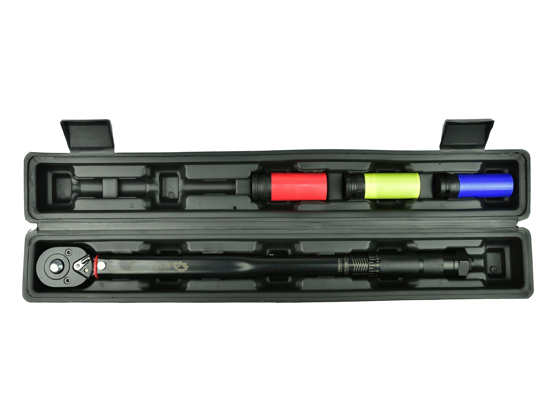 GEKO G10068 Momentový klíč 1/2" 28-210nm + 3 ks nástrčné klíče, černý
