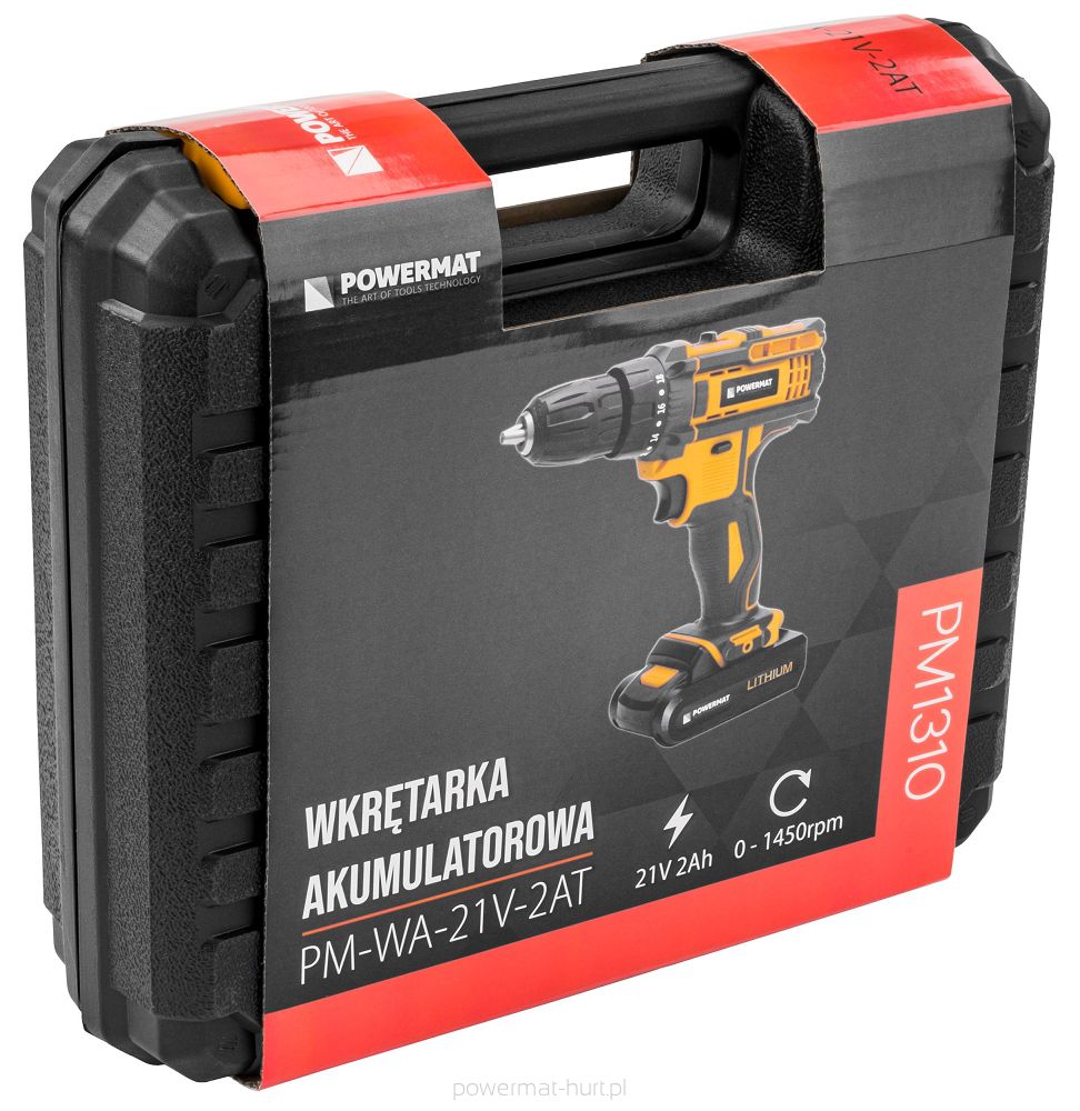 POWERMAT PM-WA-21V-2AT Aku 21V vrtací šroubovák vrtačka 2 baterie + sada přiíslušenství 19ks