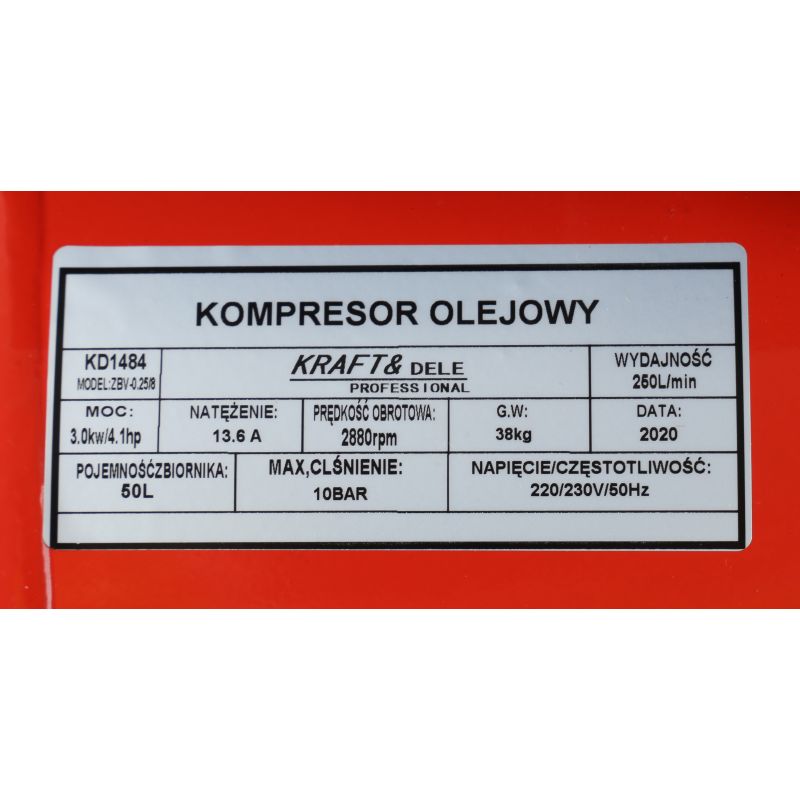 KRAFT&DELE KD1484 3kW / 4,1HP Kompresor olejový 50L 230V 2píst