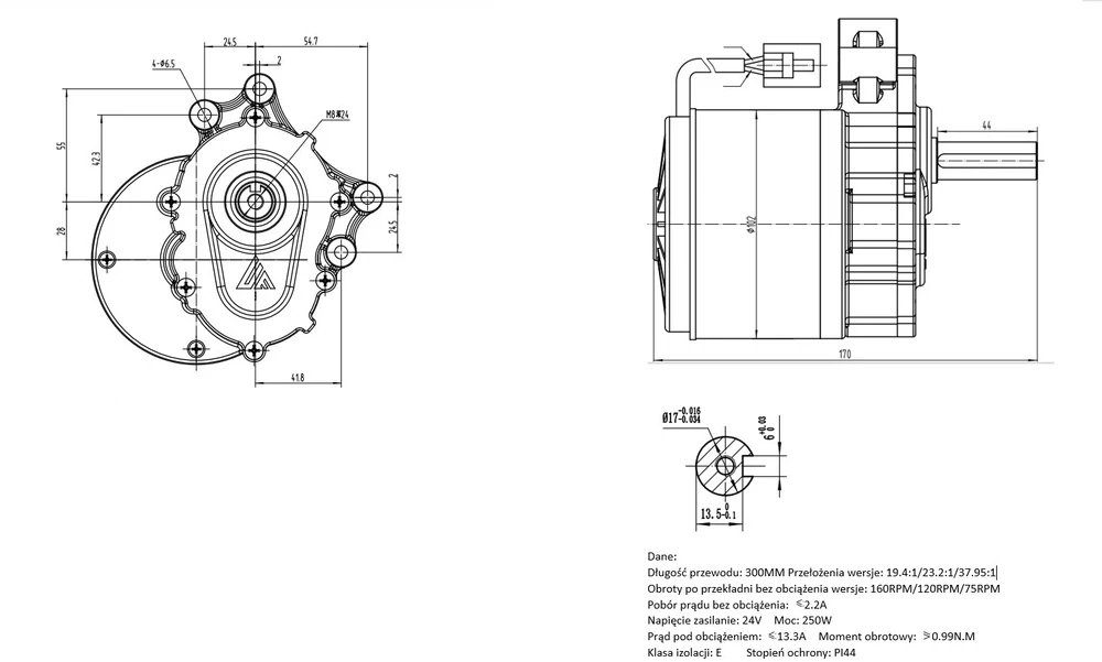 MAGMA 1016LZ Elektrický motor elektromotor 24V DC 250W s převodovkou pro invalidní vozíky 75ot/min